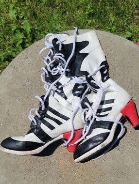 Harley Quinn Boots | Ladies White and Black Lace-Up Fashion Heels